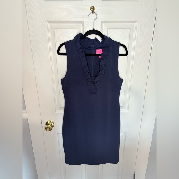Lilly Pulitzer Tisbury Knit V-Neck Ruffle Sheath Dress | Navy | Size Medium - Picture 5 of 12